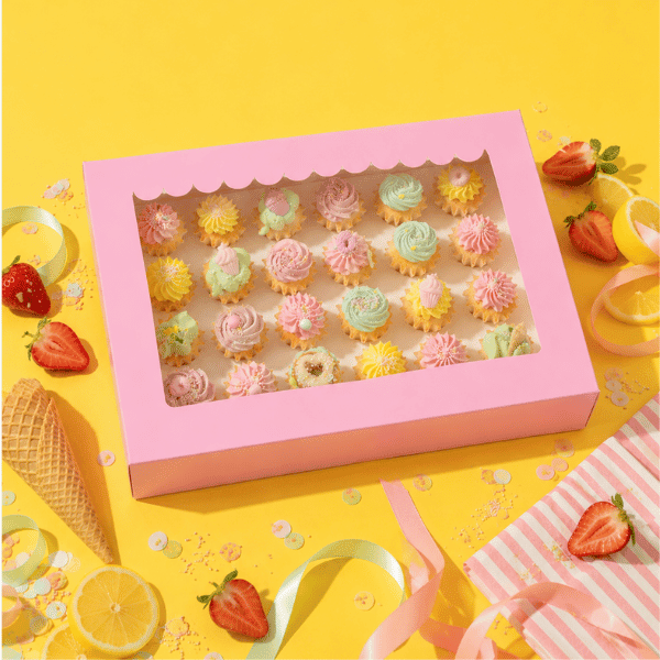 Roze doos voor 24 minicupcakes - luifel (10 st) - Cupcakedozen.nl