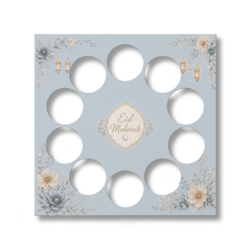 Duifblauwe inlegger met bloemen en het ornament Eid Mubarak