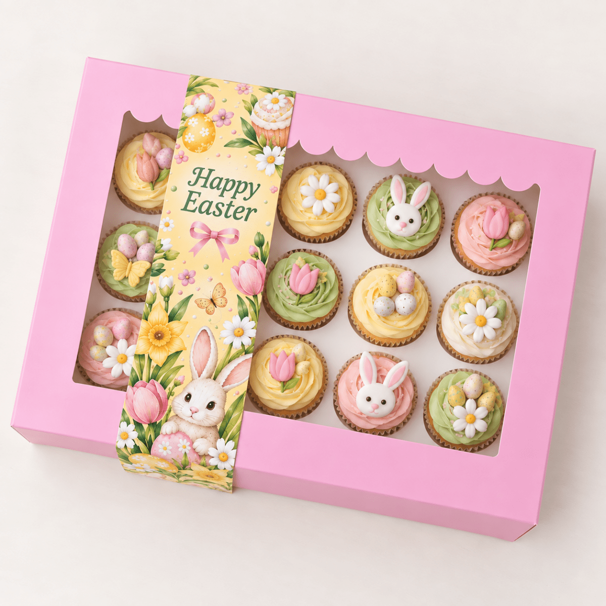 Pasen sleeve met paashaas en tulpen om een roze cupcakedoos
