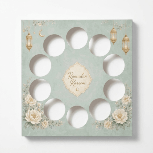 Zachtgroene inlegger met bloemen en het ornament Ramadan Kareem