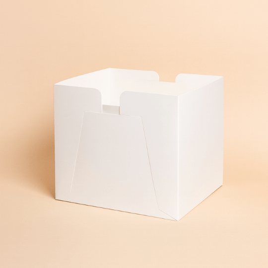 Stevige gebaksdoos voor stapeltaarten, wit karton met FSC-keurmerk en venster in deksel, ideaal voor professionele bakkers