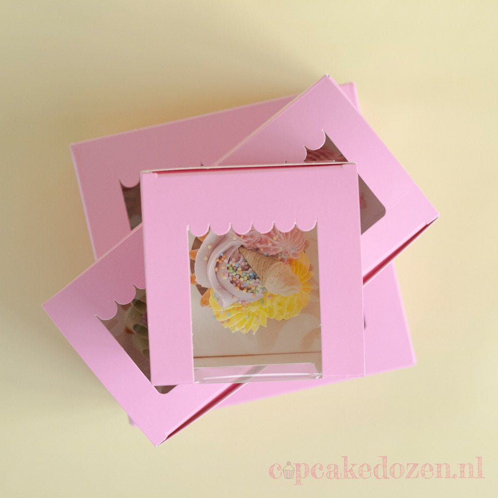 Roze doos voor 1 cupcake - luifel (10 st) - Cupcakedozen.nl