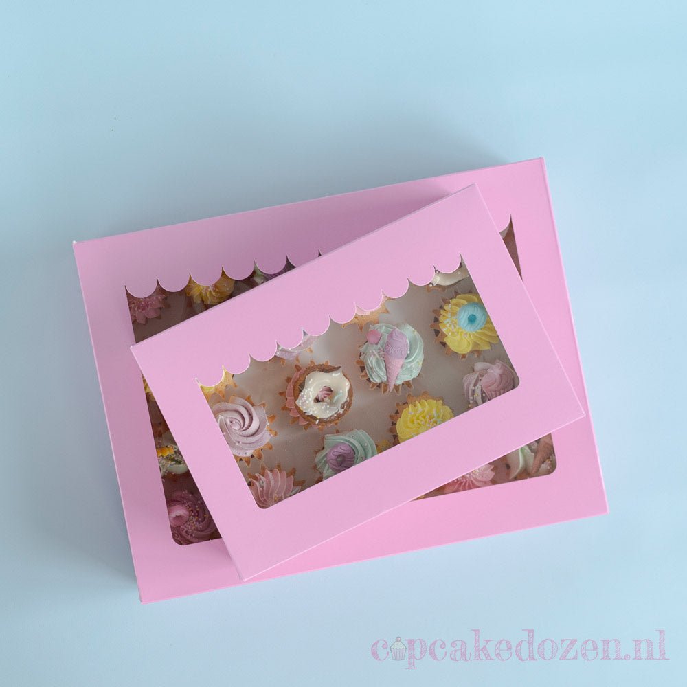 Roze doos voor 12 minicupcakes - luifel (10 st) - Cupcakedozen.nl