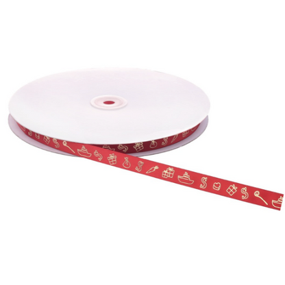 Rol rood Sinterklaaslint van 12 mm op een witte klos, met een afgewikkeld stuk lint ervoor