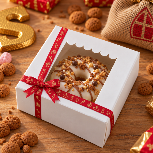 
Close-up van het rode lint met goudkleurige stoomboot, staf van Sinterklaas, cadeautjes, wortel en letters S