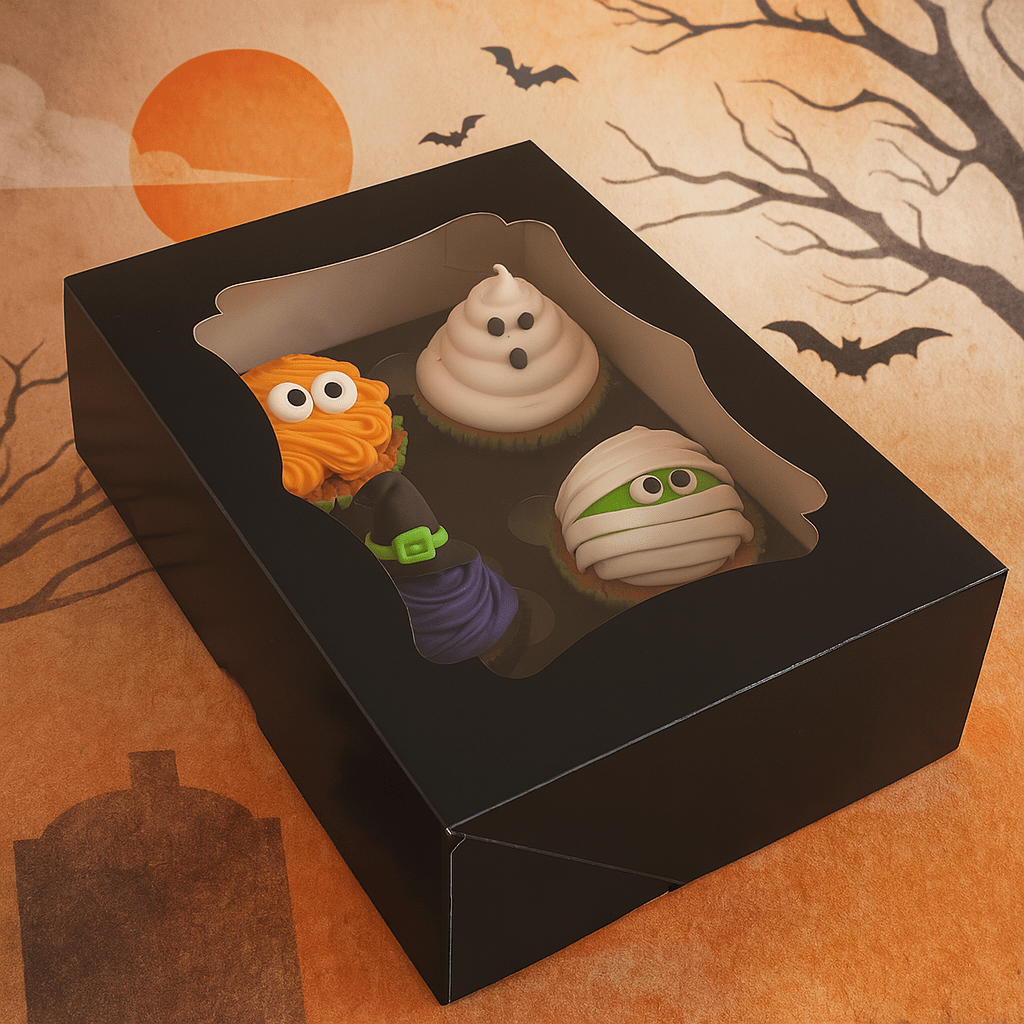 Sierlijke zwarte doos voor 6 cupcakes (25 st.) - Cupcakedozen.nl