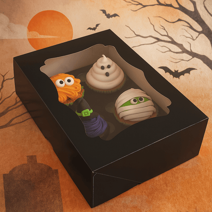 Sierlijke zwarte doos voor 6 cupcakes (25 st.) - Cupcakedozen.nl