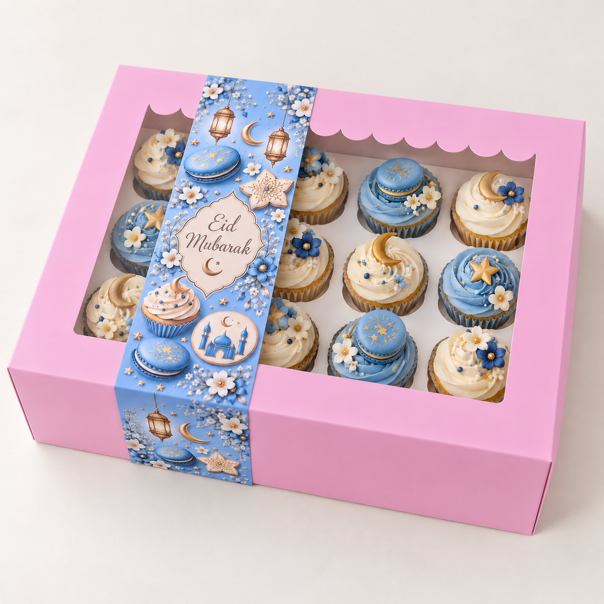 Roze doos voor 12 cupcakes met de Eid Mubarak sleeve