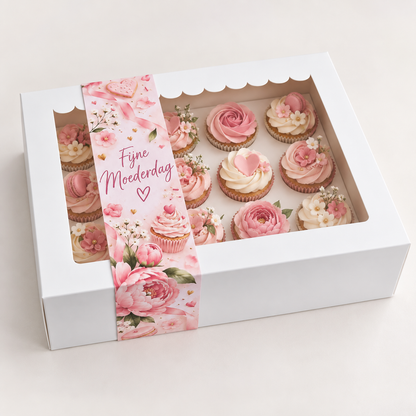 Witte doos voor 12 cupcakes met Moederdag sleeve met pioenrozen