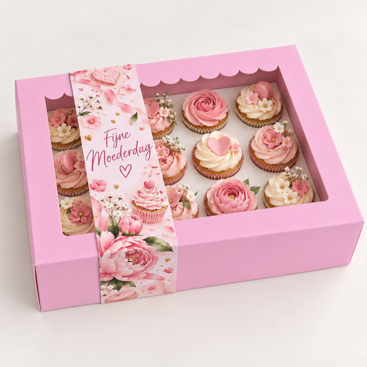 Roze doos voor 12 cupcakes met de Moederdag sleeve