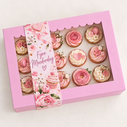 Moederdag sleeve met de tekst Fijne Moederdag op een roze cupcakedoos