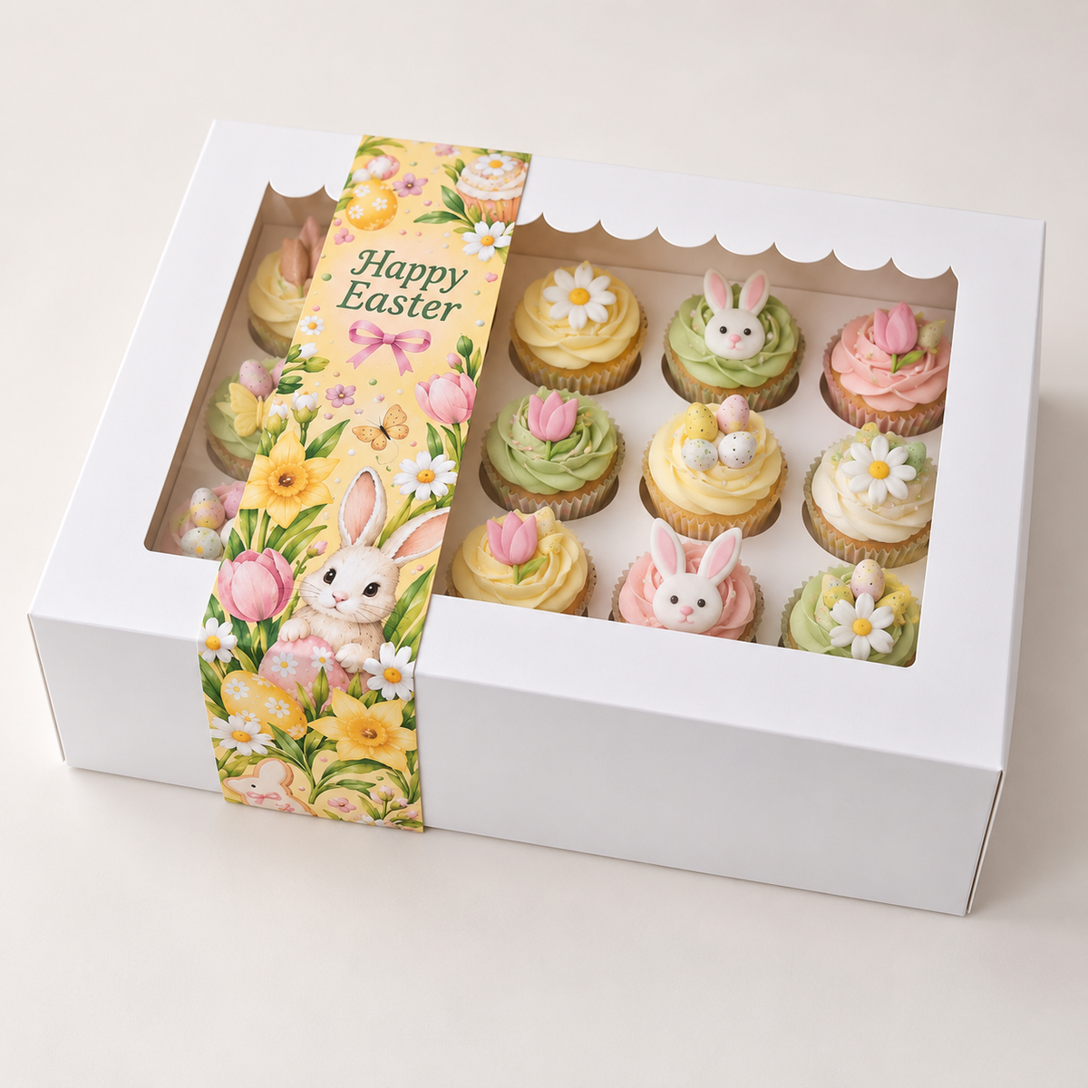 Witte doos voor 12 cupcakes met gele Pasen sleeve