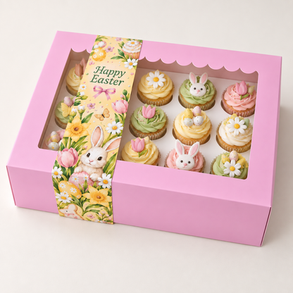 Roze doos voor 12 cupcakes met de Happy Easter sleeve