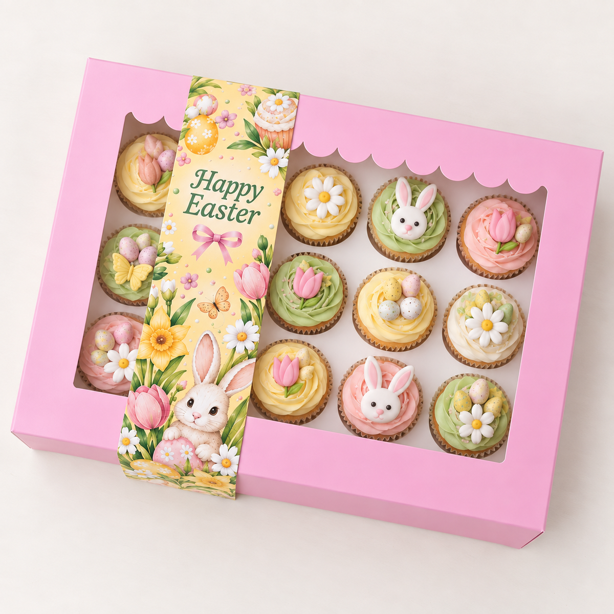 Pasen sleeve met paashaas en tulpen om een roze cupcakedoos