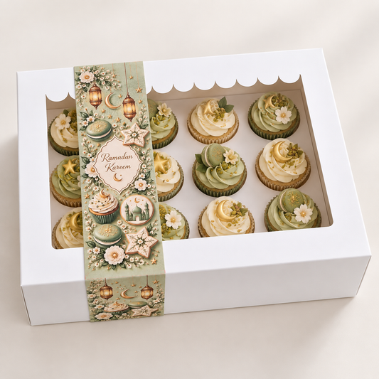Witte doos voor 12 cupcakes met saliegroene Ramadan Kareem sleeve