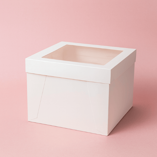 Hoge witte taartdoos van karton met transparant venster en deksel, formaat 35x35x30 cm