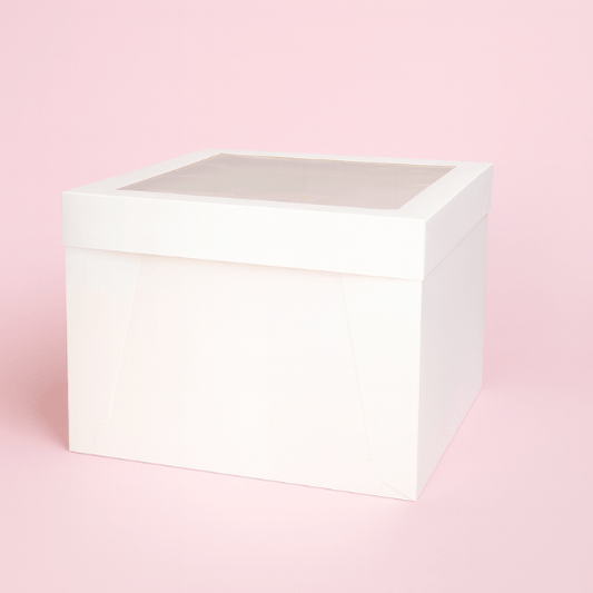 Hoge witte taartdoos 40x40x30 cm van FSC-karton met venster en losse deksel, geschikt voor stapeltaarten