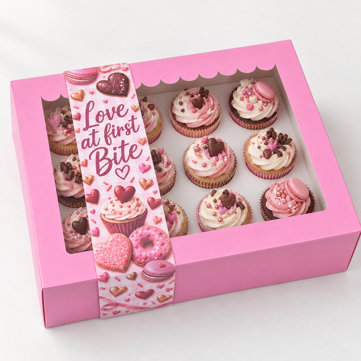 Roze doos voor 12 cupcakes met Valentijn sleeve Love at first Bite