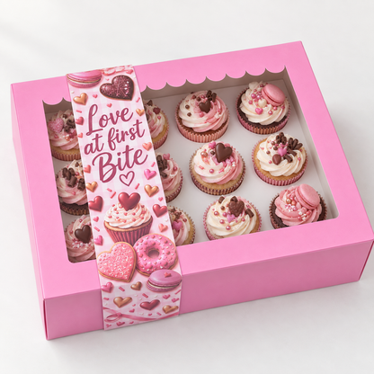 Roze doos voor 12 cupcakes met Valentijn sleeve Love at first Bite