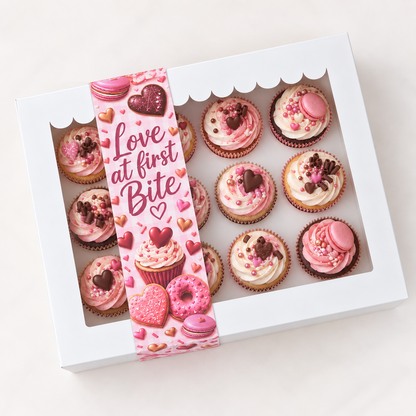 Valentijn sleeve met hartjes om een witte doos met roze cupcakes