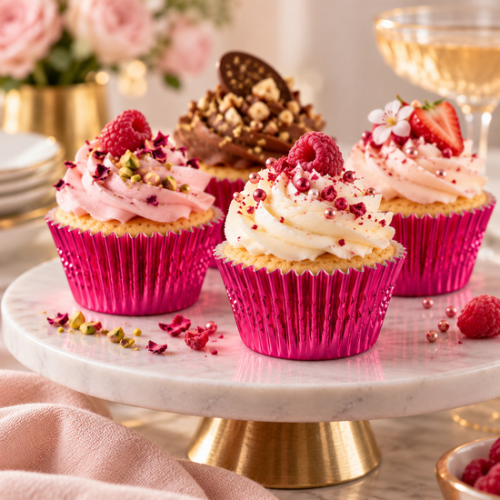 Metallic fuchsia cupcake cups met luxe cupcakes, versierd met roze botercrème, frambozen, aardbeien, pistache en gouden parels op een marmeren etagère.