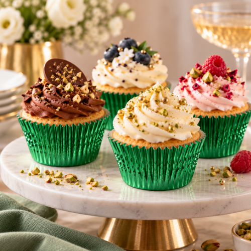 Metallic groene cupcake cups met luxe cupcakes, versierd met botercrème, chocolade, pistache, frambozen en gouden decoraties op een marmeren etagère.
