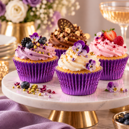 Metallic paarse cupcake cups met luxe cupcakes, versierd met paarse botercrème, eetbare bloemen, blauwe bessen, chocolade en gouden parels op een marmeren etagère.
