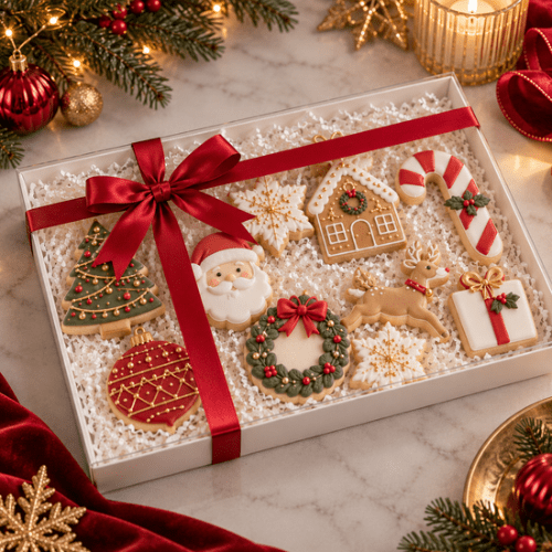 Witte koekjesdoos 345 x 245 x 26 mm met transparant deksel, gevuld met gedecoreerde kerstkoekjes en witte papiersnippers, versierd met een rood satijnen lint.