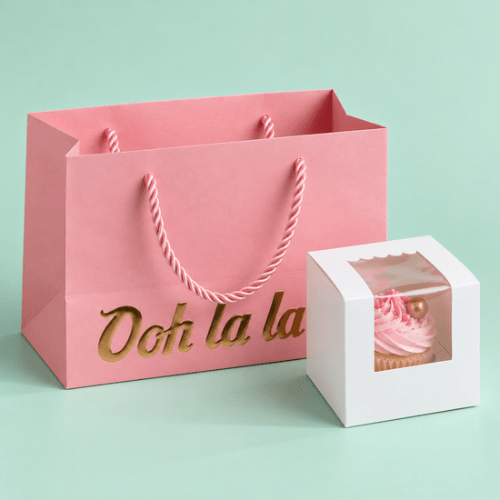 Roze cadeautas Ooh la la naast een wit doosje voor 1 cupcake met roze cupcake achter het venster