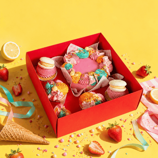 Rode bento combibox + 5 cupcakes (10 st) - Cupcakedozen.nl