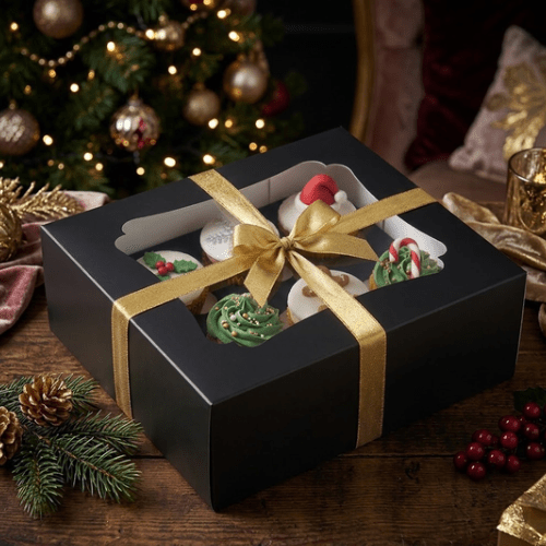 Een sfeervolle kerstfoto van een zwarte geschenkdoos gevuld met zes feestelijk gedecoreerde cupcakes. De doos is omwikkeld met een gouden lint en een strik. Door het venster in de doos zijn cupcakes te zien met kerstthema's, waaronder een kerstmuts, hulstblaadjes, groene toeven met glitters en een kerstkrans. 